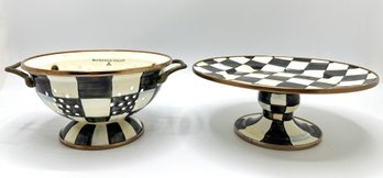 MacKenzie Childs Courtly Check Small Colander & Small Pedestal Platter