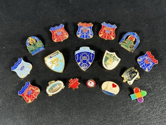 A Fun Collection Of Vintage Pins From Canadian Bonspiel Events, Curling Tournaments For Medical Professionals