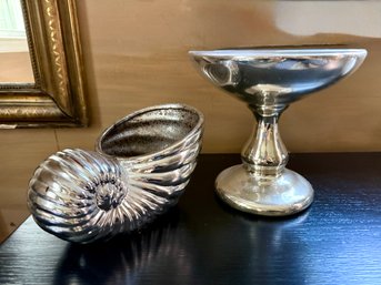 Silver Tone Decor - Shell And Footed Dish