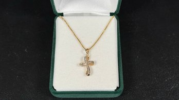 A Beautiful 14K Gold Cross With Inset Diamond On A 16-Inch 14K Gold Box Chain With Lobster Claw Clasp