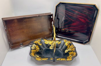 Froelich Furniture Mahogany Tray, Otagiri Japanese Lacquerware Tray &  & Tole Basket