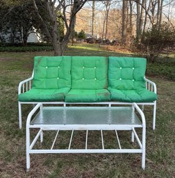 Vintage White Aluminum And Green Cushioned Love Seat With Matching Coffee Table*