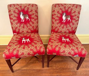 Pair Solid Wood Chairs With Dog Upholstery