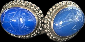 Vintage Sterling Silver Blue Glass Scarab Screw-Back Earrings