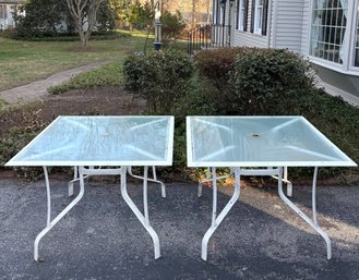 Vintage Pair Of Aluminum Frame Square Shape Outdoor Tables With Tempered Glass Tops