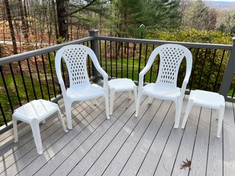 Pair Of Plastic Chairs And 3 Plastic Side Tabes
