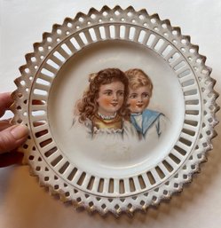 Charming Antique Porcelain RIBBON PLATE - Boy & Girl Hand Colored
