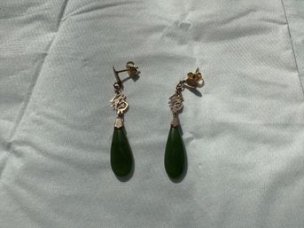 Vintage Green Jade Dangle Earrings  Marked 14K
