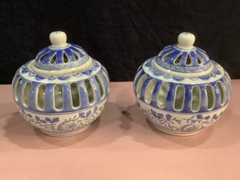 Pair Of Blue & White Candle Holders
