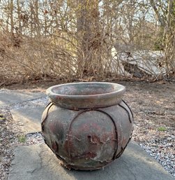 Stoneware And Contoured Metal Leaf Pattern Cage Planter