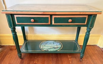 Hand Painted Solid Wood Console Hall Table With 2 Drawers & Custom Glass Covering