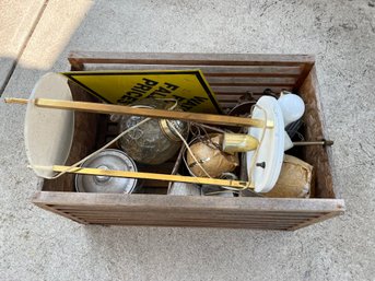 Wood Crate Of Old Lighting And Misc Items
