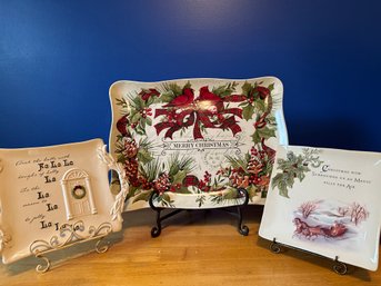 Large Cracker Barrel Christmas Platter & 2 Grassland Road Plates One With Handle
