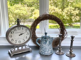 Antoine De Praiteau Grey Ornate Decorative Table Top Clock, A Pair Of Candlesticks And More