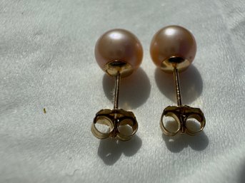 Pair Of Pink Freshwater Pearl Stud Earrings With 14k Gold Backs