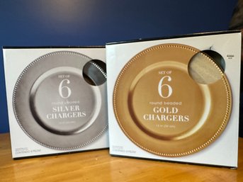 2 Sets 6 Each Round Beaded Silver And Gold Chargers In Boxes 13'