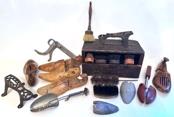 Antique Shoe Shine Box With Brushes, Shoe Stretchers & More