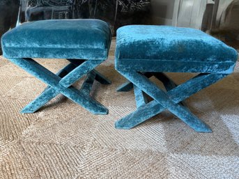 Pair Of Peacock Blue X Benches