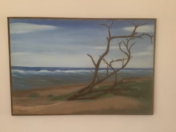 Signed Driftwood By Ocean Oil Canvas