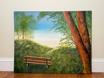 Serene Ken Mazzochi Park Bench Landscape Scene Signed Original Painting