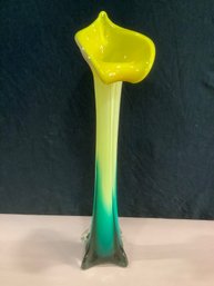 Vintage Hand Blown Art Glass Yellow & Green Lilly/tulip Vase