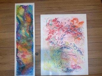 Two Colorful Abstract Works On Paper  Tall Narrow & Gestural Compositions