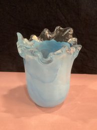 Lavorazinoe Arte Murano Blue Ruffled Art Glass Vase