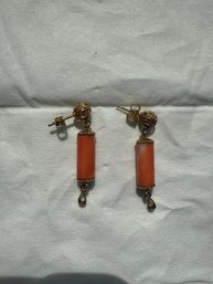 Pair Of Vintage Gold Drop Earrings Featuring Cylindrical Orange-red Coral Beads Marked 14k