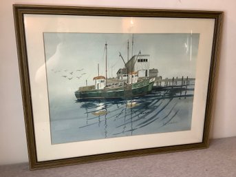 Signed Watercolor Of Boats At Dock