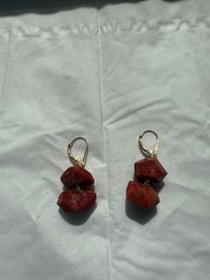 Raw Red Coral Stones Set With Gold-toned Leverback Hooks Marked 14k GOLD