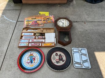 Waterbury Oak Clock, Train Set, Metal Plates, USN Tray