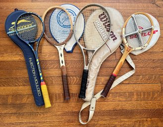 4 Vintage Tennis Rackets With Covers: Dunlop, 2 Wilson & Slazenger