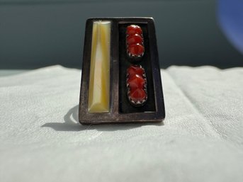 F Panteah Zuni Native American Coral Mother Of Pearl Ring