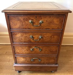 Vintage Burl Wood 2 Drawer Filing Cabinet With Leather Top & Key On Casters