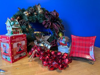 Handmade Wreath, Stocking Hanger, Porcelain House,  Bell Door Hanger, Snow Globe & Small Plate