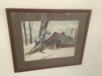 Signed Winter Scene Barn - Watercolor Painting