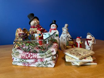 Paper  Mache Snowman With Additional Snowmen, Santas, Angel, 4 Coasters & 3 Dish Towels