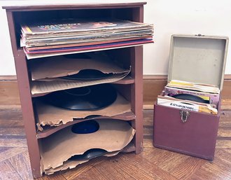 Vintage Hand Made Wood Vinyl Record Holder, Storage Box For 45 Records & Over 100 Records