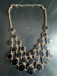 Cascading Black Onyx And Gold Cabochon Bezel Necklace