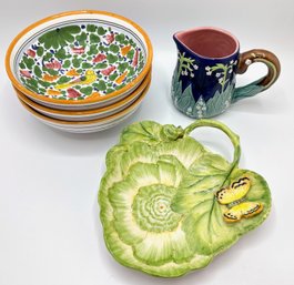 Set 3 Keesal & Mathew Arabesco Bowls With Birds, Italian Butterfly Plate & Floral Creamer