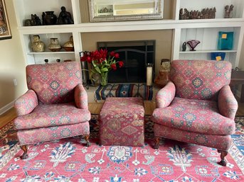 Pair Of Upholstered Arm Chairs With Complementing Ottoman