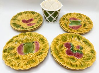 Set 8 Sarreguemines French Majolica Fruit Plates (2 Of Each Fruit) & Moyses Stevens Lattice Bowl Planter
