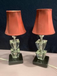 Pair Of Cut Glass Lamps With Red Shades