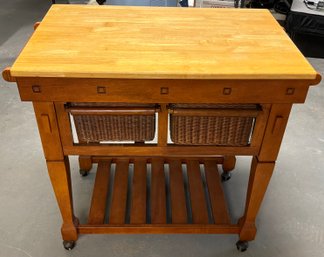 Rolling Kitchen Island / Butcher Block Cart With Baskets & Lower Shelf