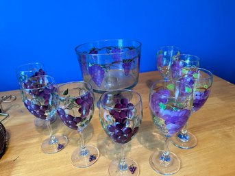 Hand Painted Trifle Bowl - 4 Dark Purple Grape Hand Painted Wine Glasses & 4 Light Hand Painted Wine Glasses