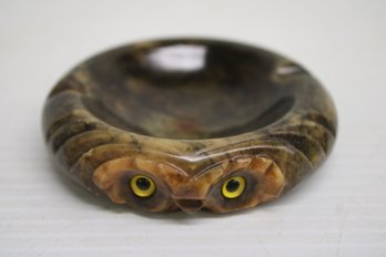 Vintage Genuine Alabaster Hand Carved Owl Ashtray - Made In Italy