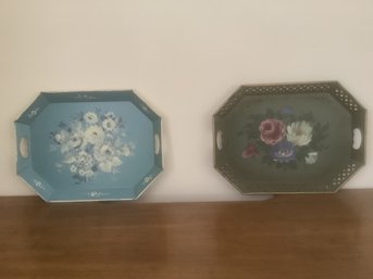 Lot Of 2 - Nascho Hand-painted Metal Toleware Serving Plates