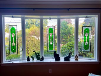 Trio Of Tulip Designed Hanging Stained Glass Panels