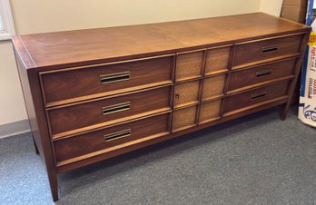 Vintage Drexel Mid-Century Modern Walnut 9-Drawer Dresser With Cane Cabinet Door