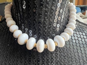 Vintage Napier White Lucite & Gold Cabochon Beaded Necklace
